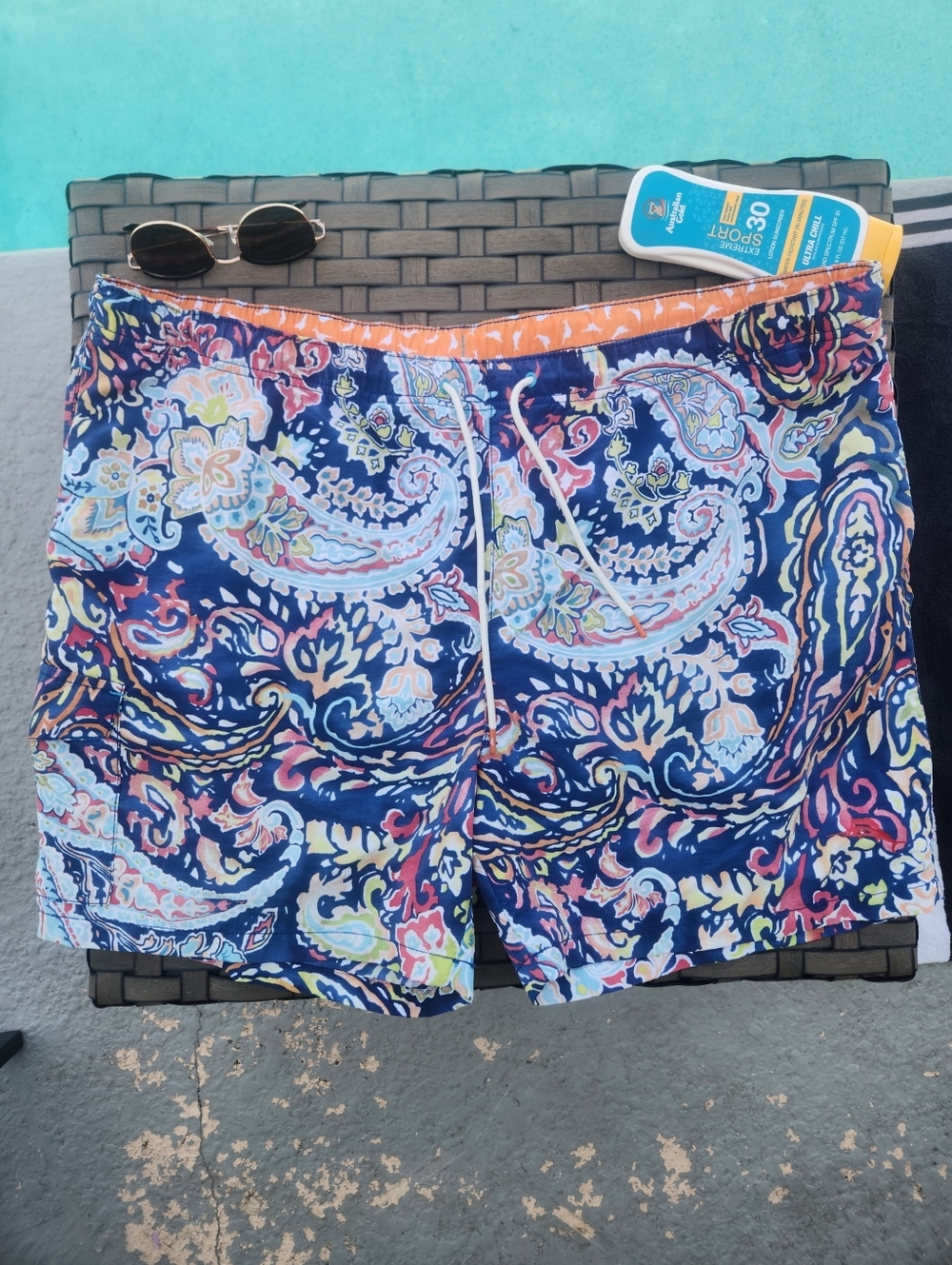 Tommy Bahama XXL Big & Tall Swim Shorts Blue Orange Paisley Mesh Pockets Resort